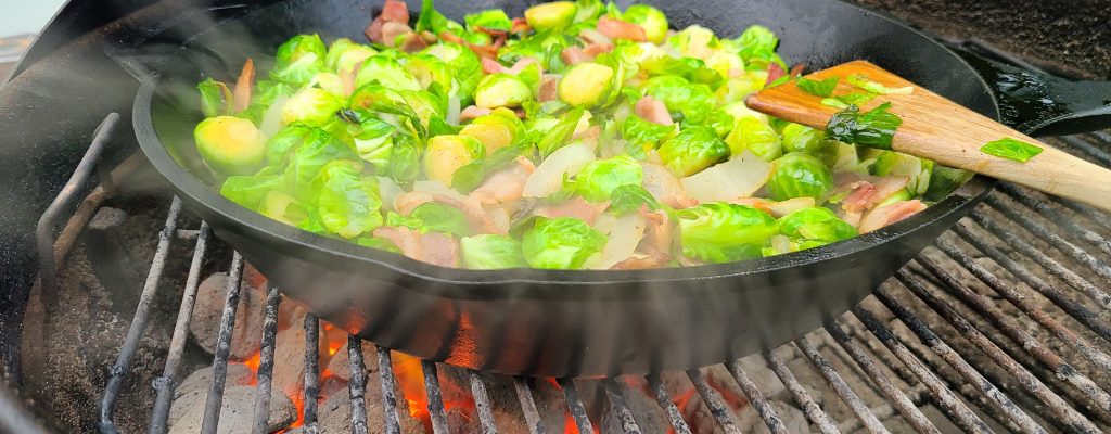 Cast iron with brussels sprouts, bacon, and onion